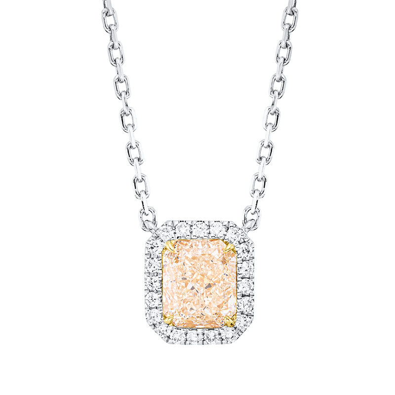 Collier 18 kt WG+GG, mit ZÖ 40,6 cm, 20 Brill. 0,14 ct, TW-si, 1 Radiant 1,50 ct, gelb