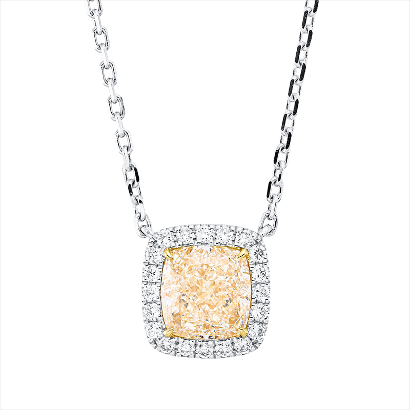 Collier 18 kt WG+GG, 20 Brill. 0,19 ct, TW-si, 1 Cushion 2,02 ct, gelb