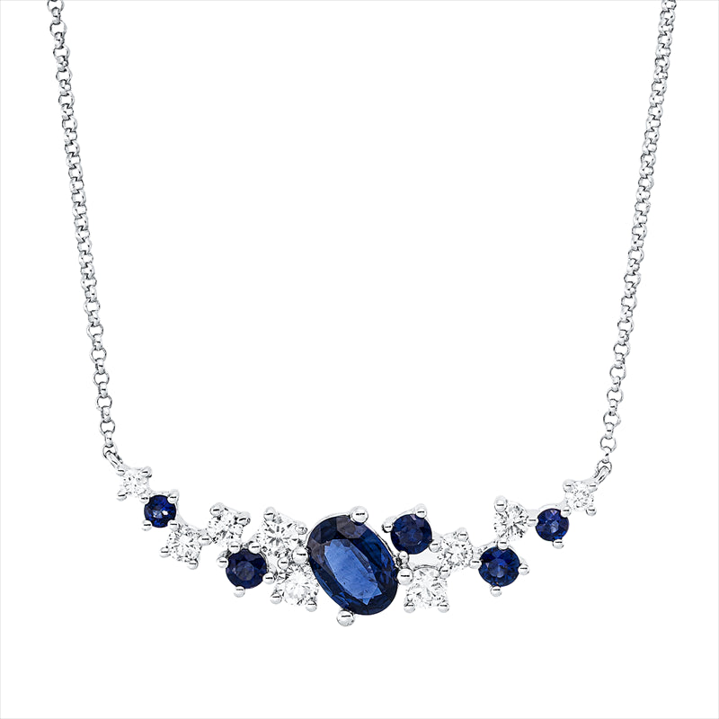 Collier 18 kt WG, 3 Brill. 0,16 ct, 6 Brill. 0,15 ct, TW-si, 2 Saphire 0,49 ct blau, 5 Saphire 0,23 ct blau