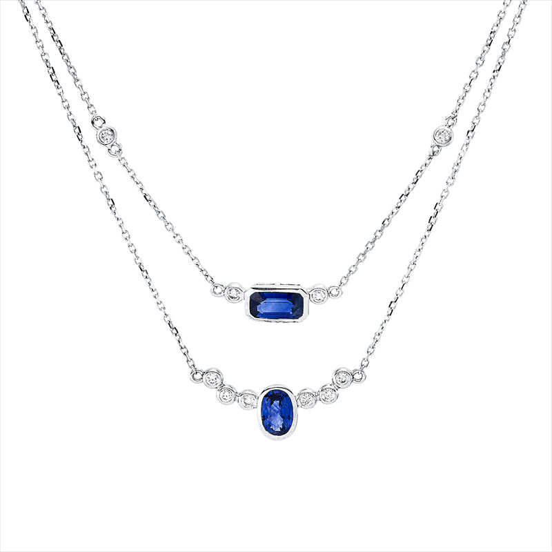 Collier 18 kt WG, 12 Brill. 0,23 ct, TW-si, 2 Saphire 1,28 ct blau