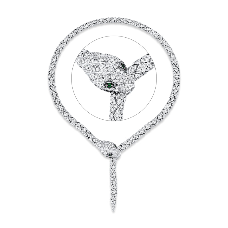 Collier 18 kt WG, Fassung teils schwarz rhodinie, 1267 Brill. 14,85 ct, TW-vsi, 2 Tsavorith 0,12 ct grün