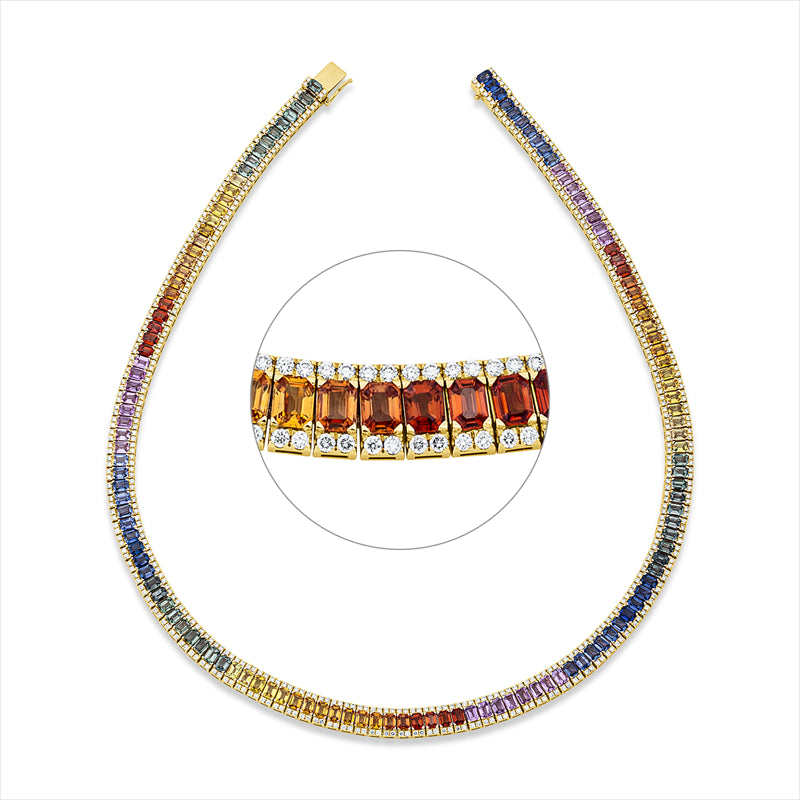 Collier 18 kt GG, 544 Brill. 6,37 ct, W-si, 136 Saphire 28,86 ct fancy