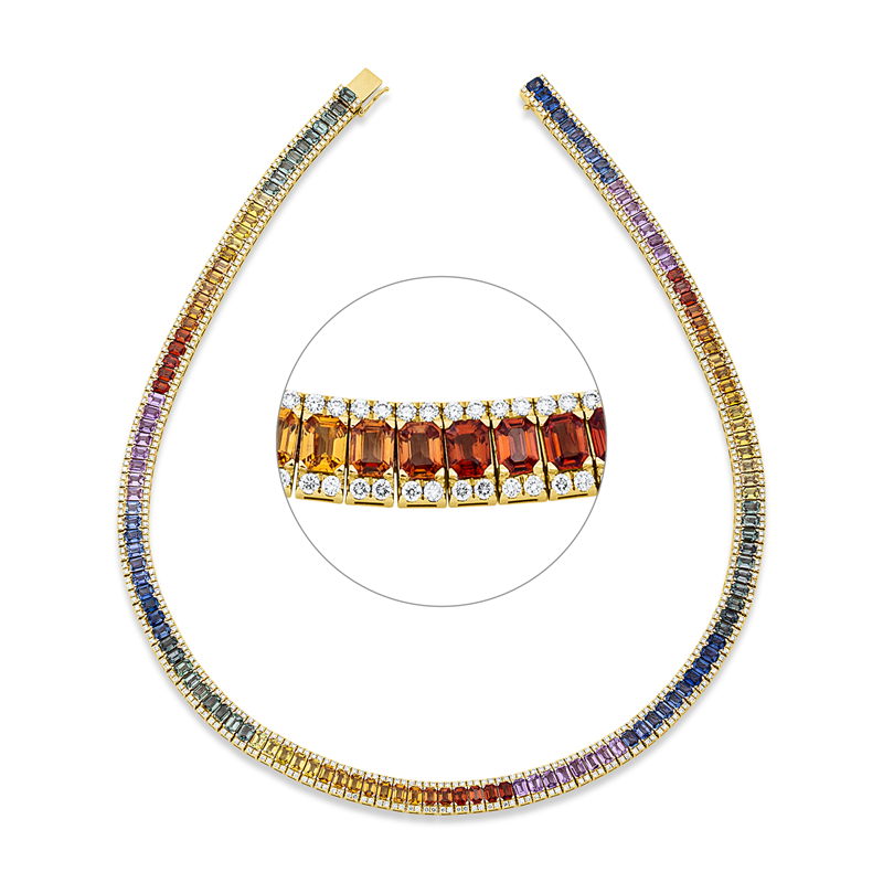 Collier 18 kt GG, 544 Brill. 6,37 ct, W-si, 136 Saphire 28,86 ct fancy