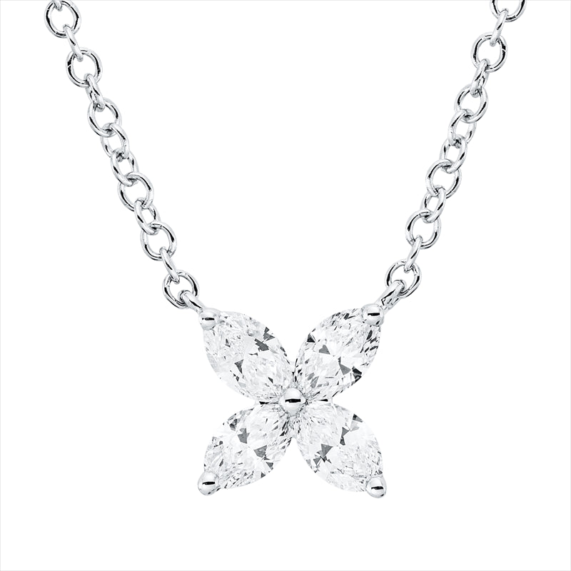 Collier 18 kt WG, mit ZÖ 40 cm, 4 Nav. 0,48 ct, TW-vsi
