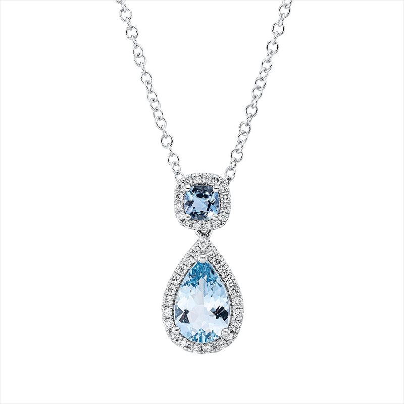 Collier 18 kt WG, mit ZÖ 40 cm, 39 Brill. 0,17 ct, TW-si, 1 Aquamarin 1,09 ct, 1 Aquamarin 0,22 ct
