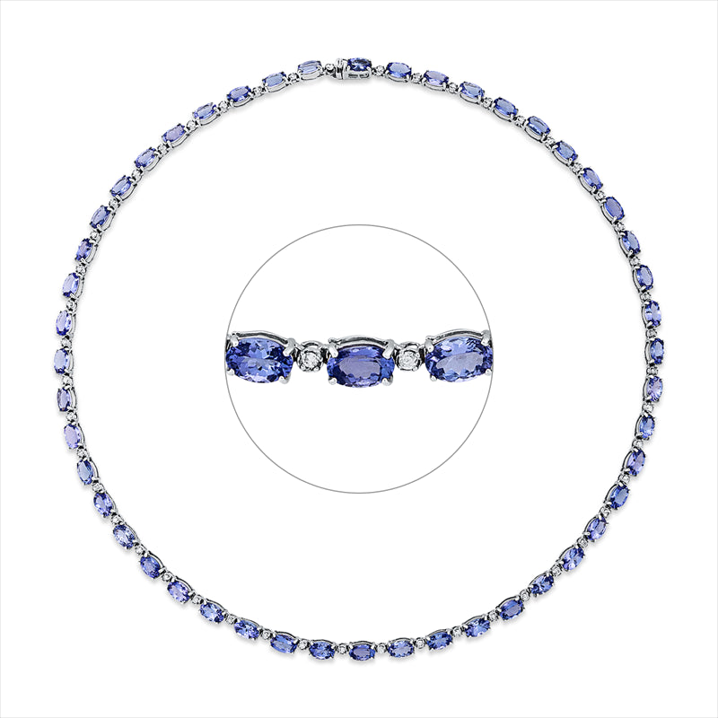 Collier 18 kt WG, 48 Brill. 0,95 ct, F-pi, 48 Tansanit 21,30 ct blau