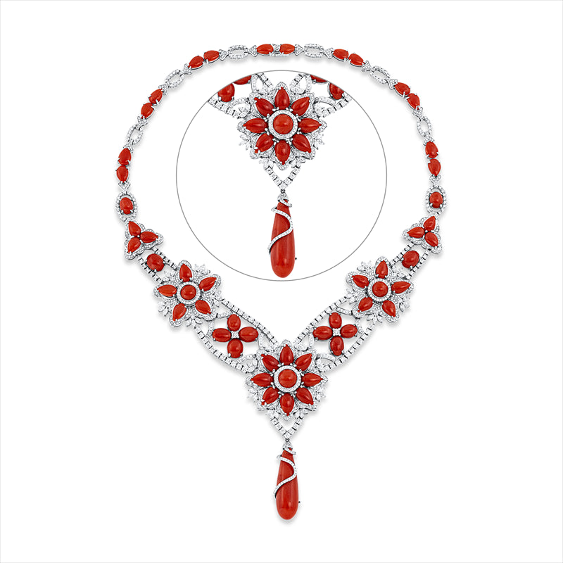 Collier 18 kt WG, 54 Nav. 3,26 ct, F-si, 785 Brill. 7,93 ct, F-si, 54 Korall 78,45 ct orange