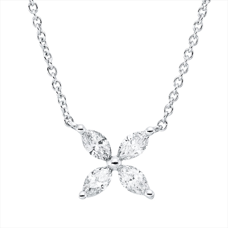 Collier 18 kt WG, mit ZÖ 40,6 cm + 43,2 cm, 4 Nav. 0,24 ct, TW-vsi