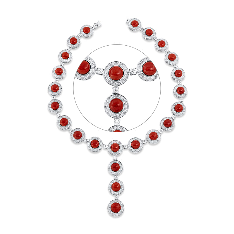 Collier 18 kt WG, 3209 Brill. 9,73 ct, W-pi, 23 Korall 89,58 ct orange