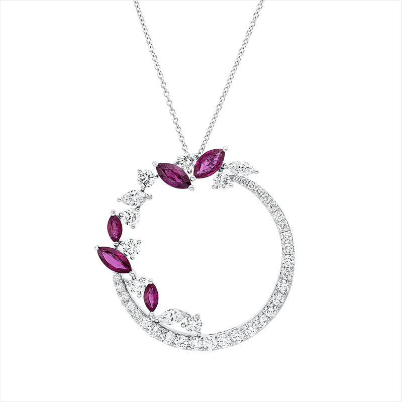 Collier 18 kt WG, 3 Nav. 0,57 ct, F-vsi, 37 Brill. 2,30 ct, F-vsi, 5 Rubine 2,73 ct rot