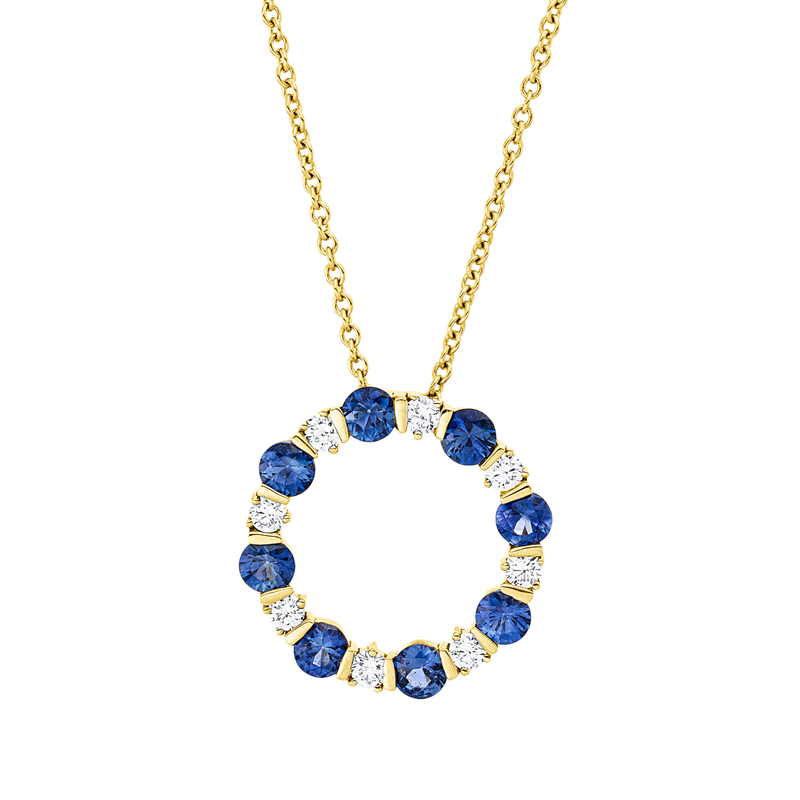Collier 18 kt GG, mit ZÖ 40 cm + 43 cm, 8 Brill. 0,27 ct, F-vsi, 8 Saphire 1,18 ct blau
