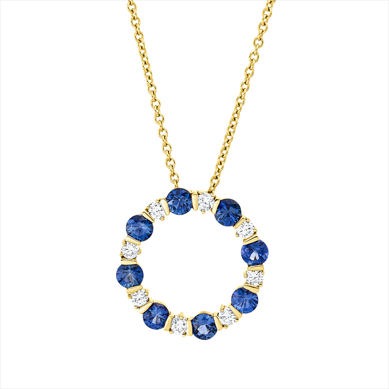 Collier 18 kt RG, mit ZÖ 40 cm + 43 cm, 8 Brill. 0,26 ct, F-vsi, 8 Saphire 1,08 ct blau