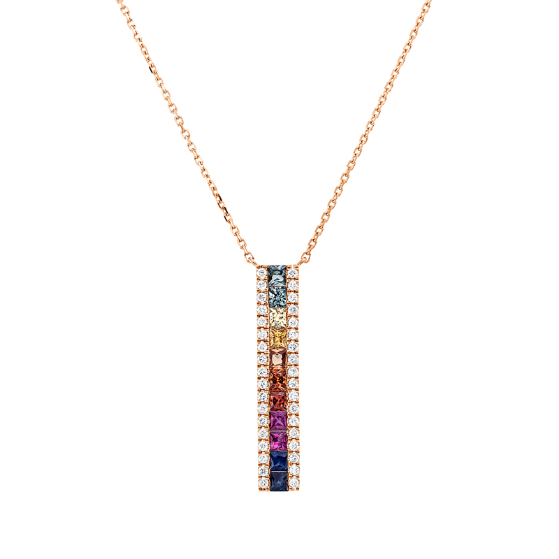 Collier 18 kt RG, mit ZÖ 40 cm, 36 Brill. 0,14 ct, TW-si, 11 Saphire 0,66 ct fancy