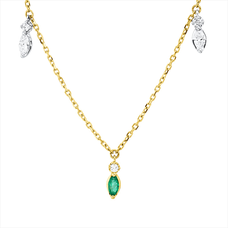 Collier 18 kt GG+WG, mit ZÖ 40 cm, 2 Nav. 0,13 ct, TW-si, 5 Brill. 0,07 ct, TW-si, 3 Smaragde 0,24 ct grün