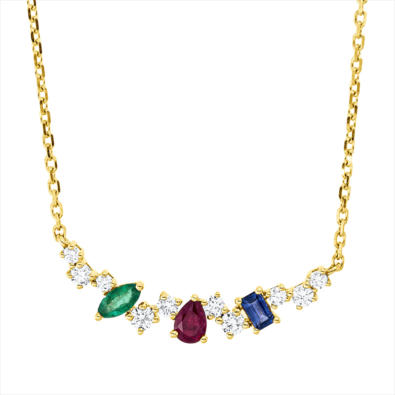 Collier 18 kt GG, mit ZÖ 40 cm, 10 Brill. 0,18 ct, TW-si, 1 Rubin 0,14 ct rot, 1 Smaragd 0,08 ct grün, 1 Saphir 0,08 ct blau