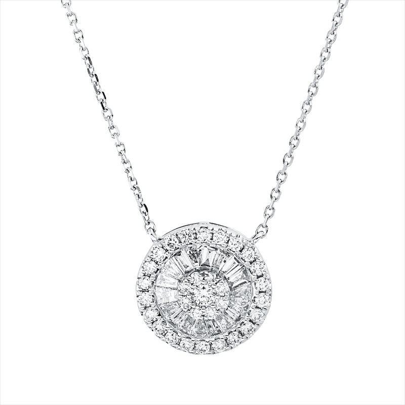 Collier 18 kt WG, mit ZÖ 40 cm, 18 Trap. 0,20 ct, TW-si, 31 Brill. 0,19 ct, TW-si