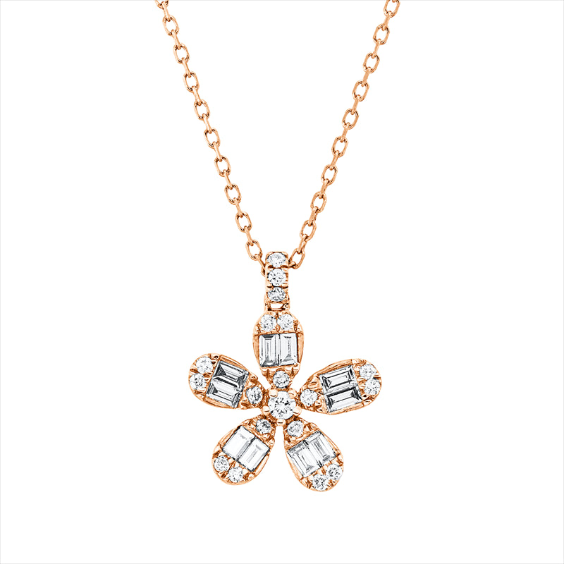 Collier 18 kt RG, mit ZÖ 40,6 cm, 10 Bag. 0,20 ct, TW-vsi, 19 Brill. 0,12 ct, TW-si