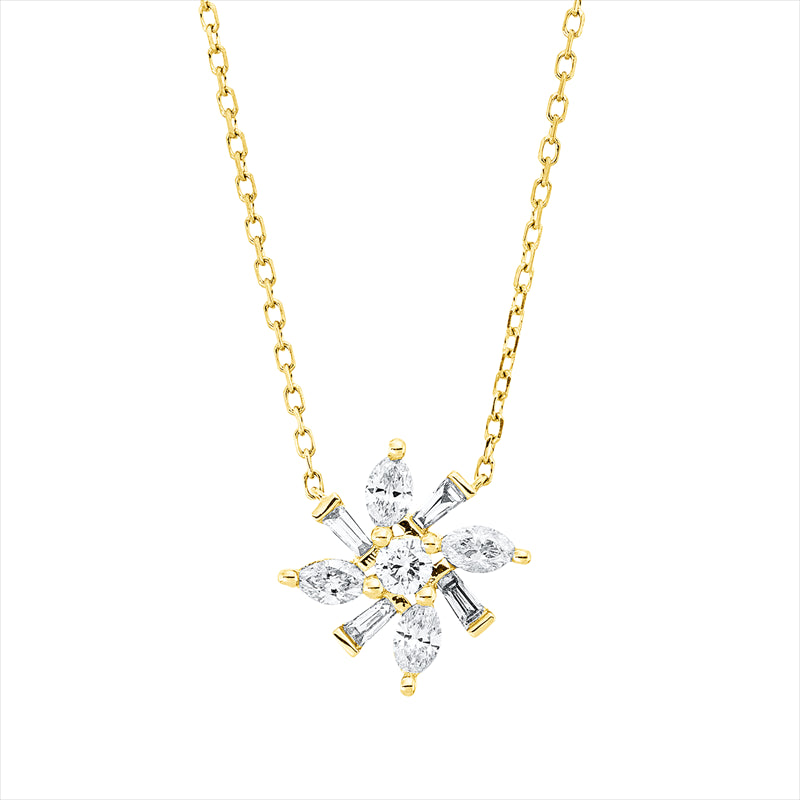 Collier 18 kt GG, mit ZÖ 40,6 cm, 4 Nav. 0,23 ct, TW-vsi, 4 Trap. 0,07 ct, TW-vsi, 1 Brill. 0,06 ct, TW-si