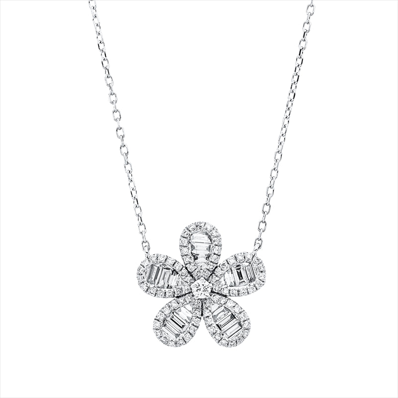 Collier 18 kt WG, mit ZÖ 40,6 cm, 15 Bag. 0,32 ct, TW-vsi, 76 Brill. 0,23 ct, TW-si