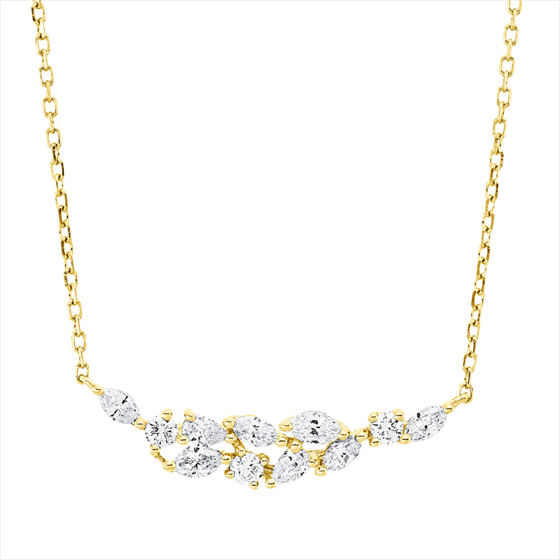 Collier 18 kt GG, 6 Nav. 0,24 ct, TW-vsi, 2 Tropfen 0,07 ct, TW-vsi, 3 Brill. 0,09 ct, TW-si