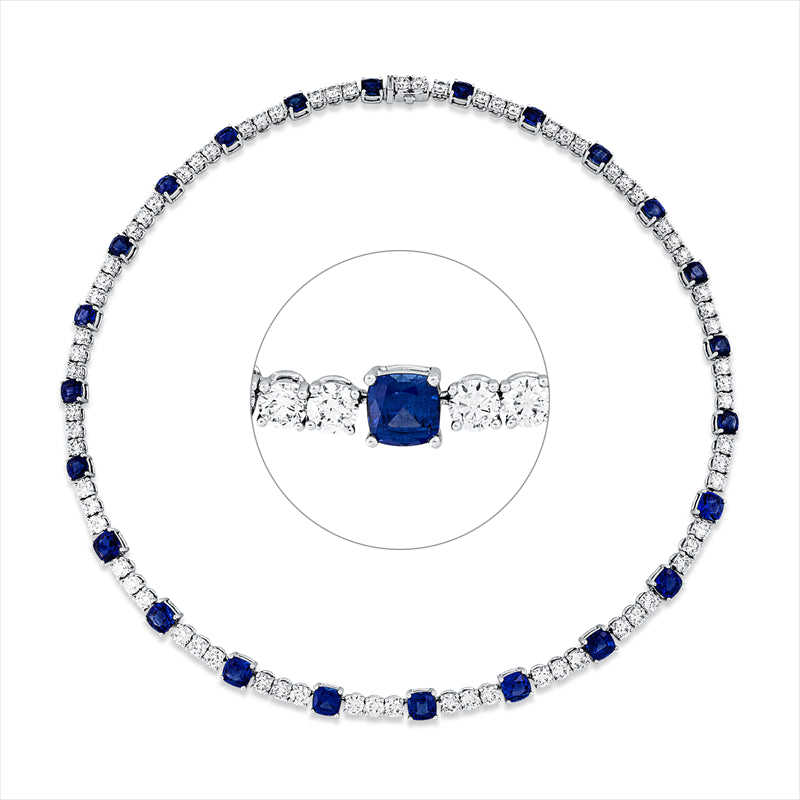 Collier 18 kt WG, 72 Brill. 11,24 ct, TW-vsi/si, 9 Saphire 8,54 ct blau, 15 Saphire 8,99 ct bla