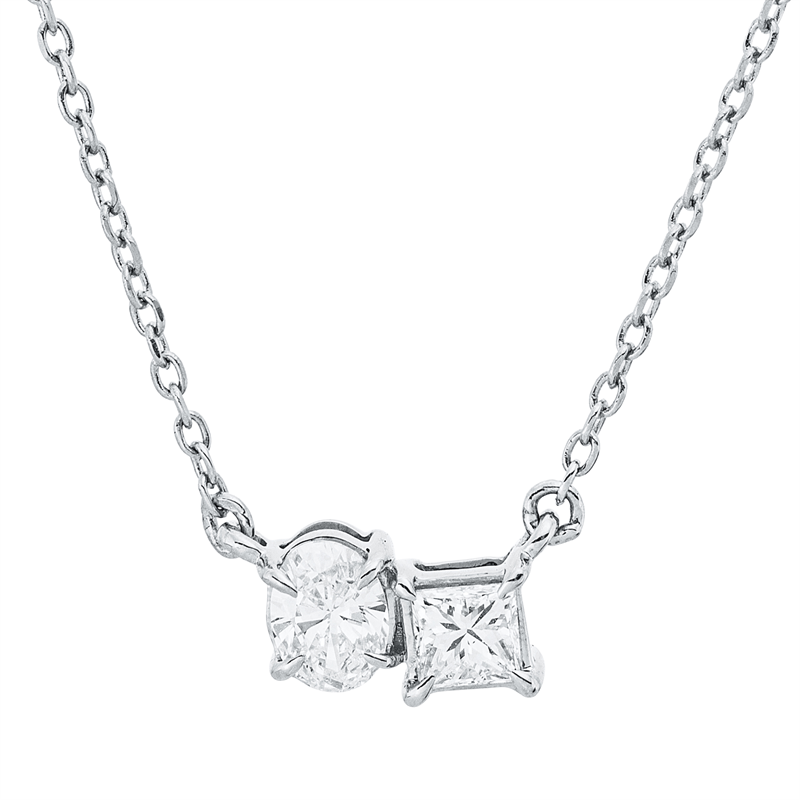 Collier 18 kt WG, mit ZÖ 40 cm + 42 cm, 1 Princ. 0,14 ct, TW-si, 1 Oval 0,15 ct, TW-si
