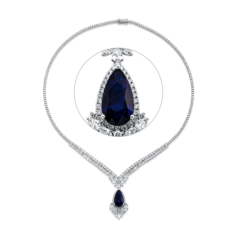 Collier 18 kt WG, 48 Nav. 3,67 ct, 2 Tropfen 0,22 ct, 35 Brill. 1,94 ct, TW-si, 1 Saphir 4,38 ct blau