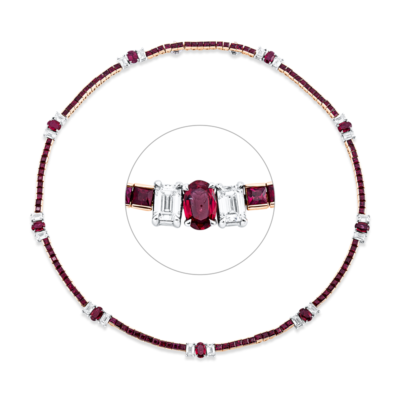 Collier 18 kt RG+WG, GIA_18pcs, 18 Sm.schliff 5,47 ct, D-vvs/vs, 9 Rubine 5,27 ct rot, 113 Rubine 11,10 ct rot
