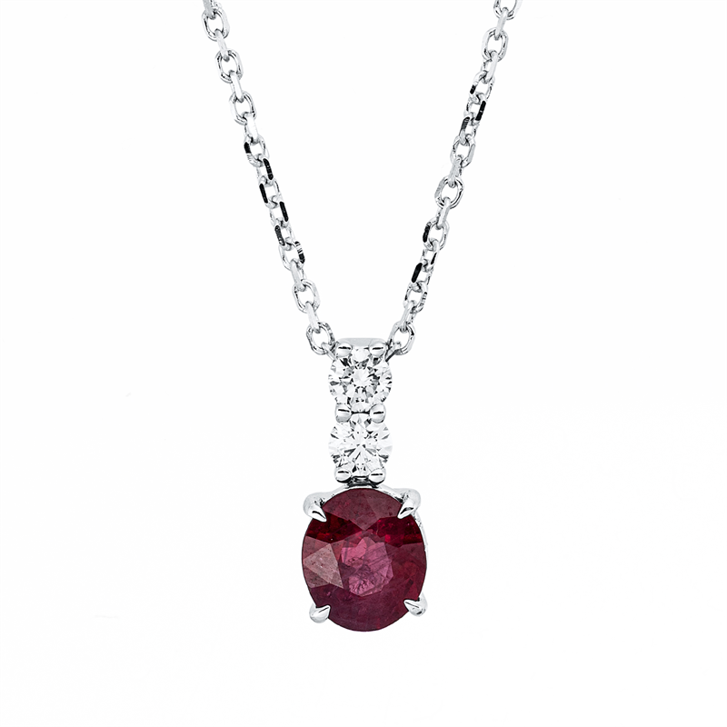 Collier 18 kt WG, mit ZÖ 40,6 cm, 2 Brill. 0,14 ct, TW-si, 1 Rubin 0,89 ct rot