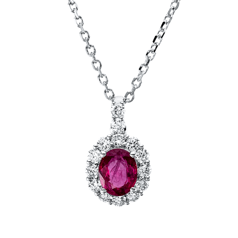 Collier 18 kt WG, mit ZÖ 40,6 cm, 14 Brill. 0,25 ct, TW-si, 1 Rubin 0,61 ct rot