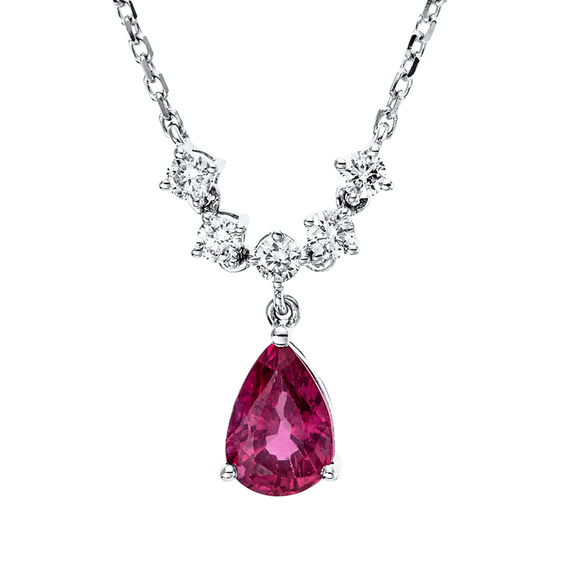 Collier 18 kt WG, mit ZÖ 40,6 cm, 5 Brill. 0,17 ct, W-si/pi, 1 Rubin 0,92 ct rot
