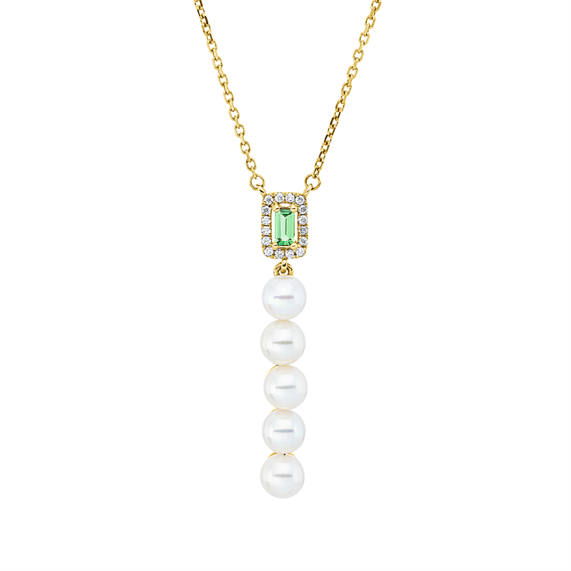 Collier 18 kt GG, mit ZÖ 40 cm, 16 Brill. 0,06 ct, TW-si, 1 Tsavorith 0,11 ct grün, 5 SW weiß 4,5 mm