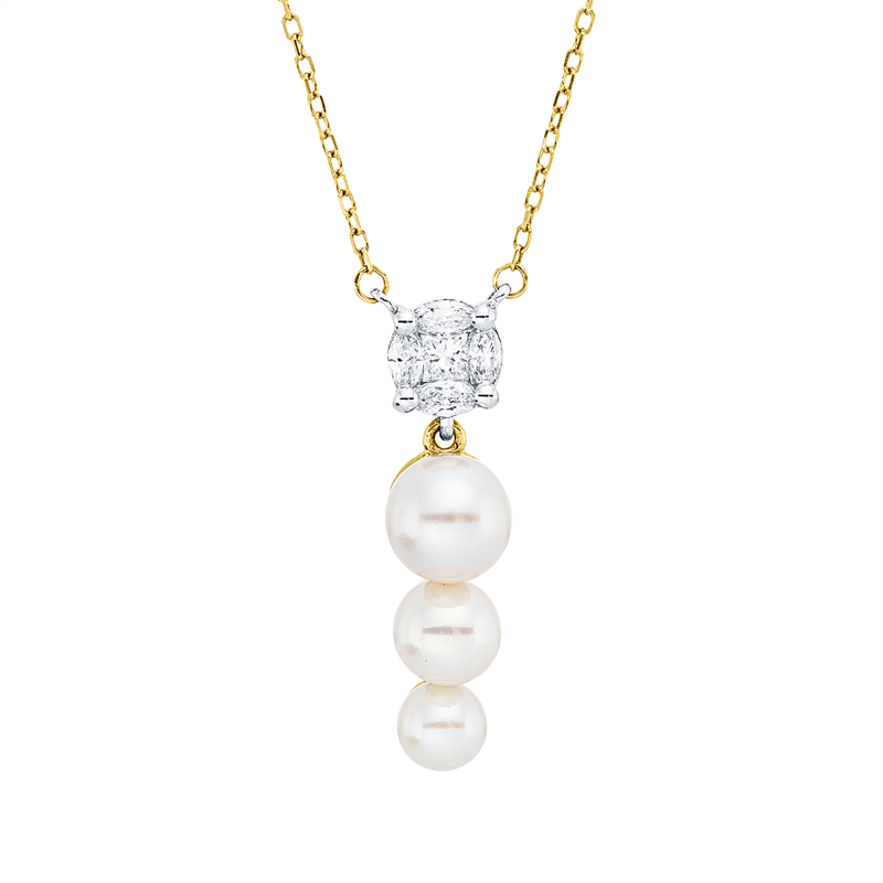 Collier 18 kt GG+WG, mit ZÖ 40 cm, 1 Princ. 0,06 ct, 4 Nav. 0,12 ct, TW-vsi, 3 SW weiß 4-6mm