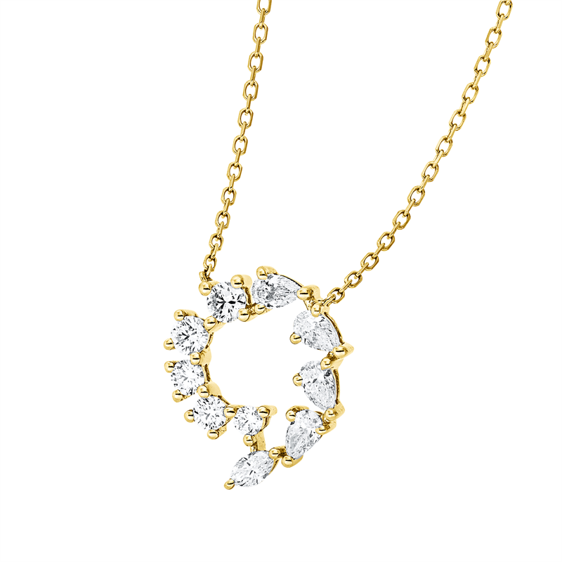 Collier 18 kt GG, mit ZÖ 40 cm, 4 Tropfen 0,22 ct, TW-vsi, 1 Nav. 0,05 ct, TW-vsi, 5 Brill. 0,21 ct, TW-si