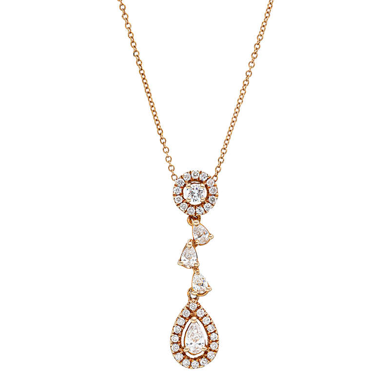 Collier 18 kt RG, mit ZÖ 40 cm, 4 Tropfen 0,30 ct, TW-vsi, 30 Brill. 0,24 ct, TW-si