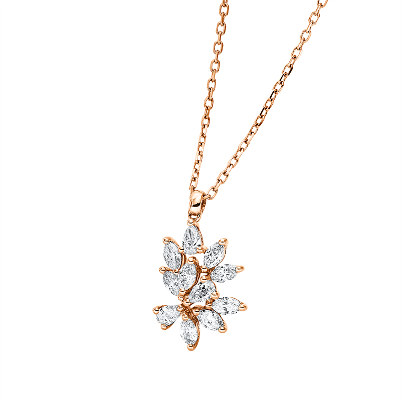 Collier 18 kt RG, mit ZÖ 40 cm, 3 Tropfen 0,11 ct, TW-vsi, 8 Nav. 0,27 ct, TW-vsi