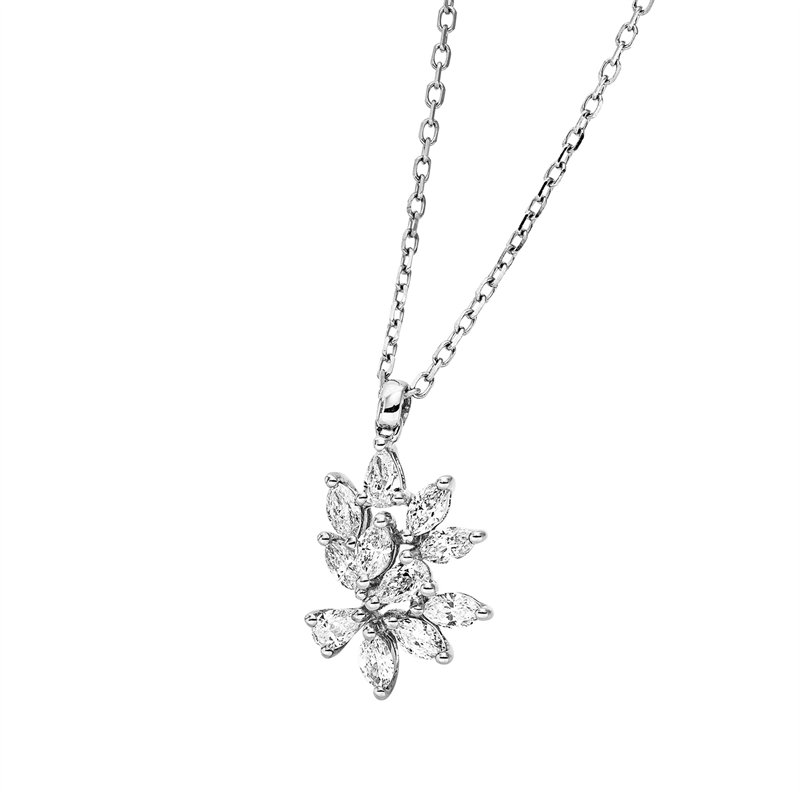 Collier 18 kt WG, mit ZÖ 40 cm, 3 Tropfen 0,12 ct, TW-vsi, 8 Nav. 0,33 ct, TW-vsi