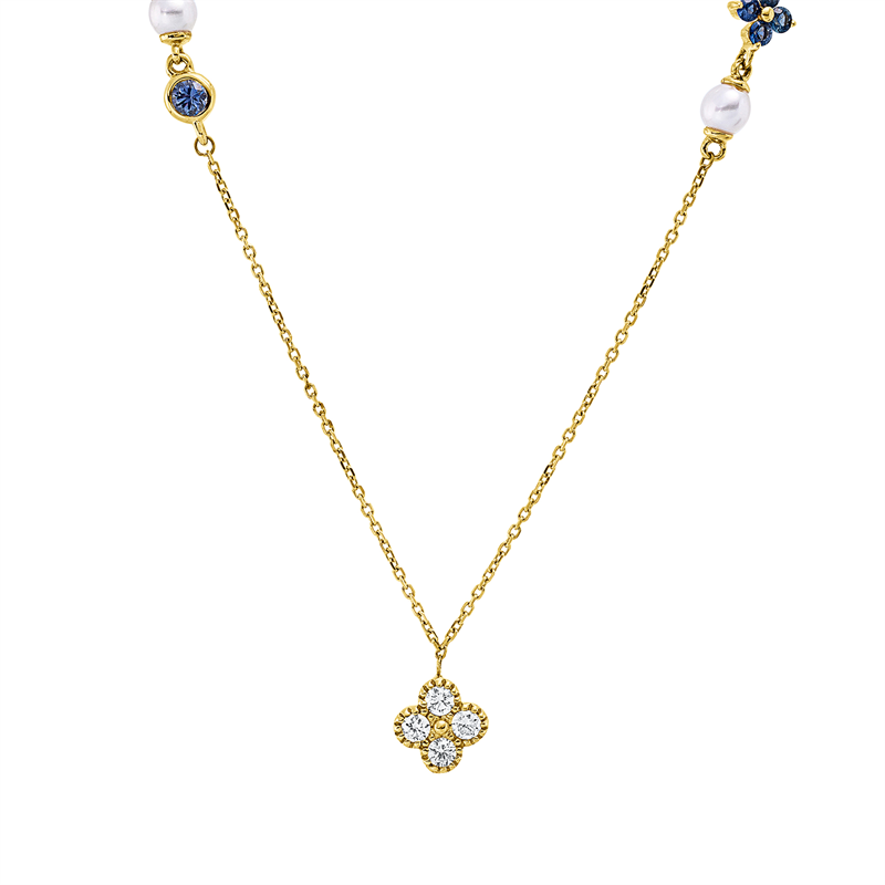 Collier 18 kt GG, mit ZÖ 40 cm, 4 Brill. 0,14 ct, TW-si, 5 Saphire 0,22 ct blau, 2 SW weiß 3,25 mm