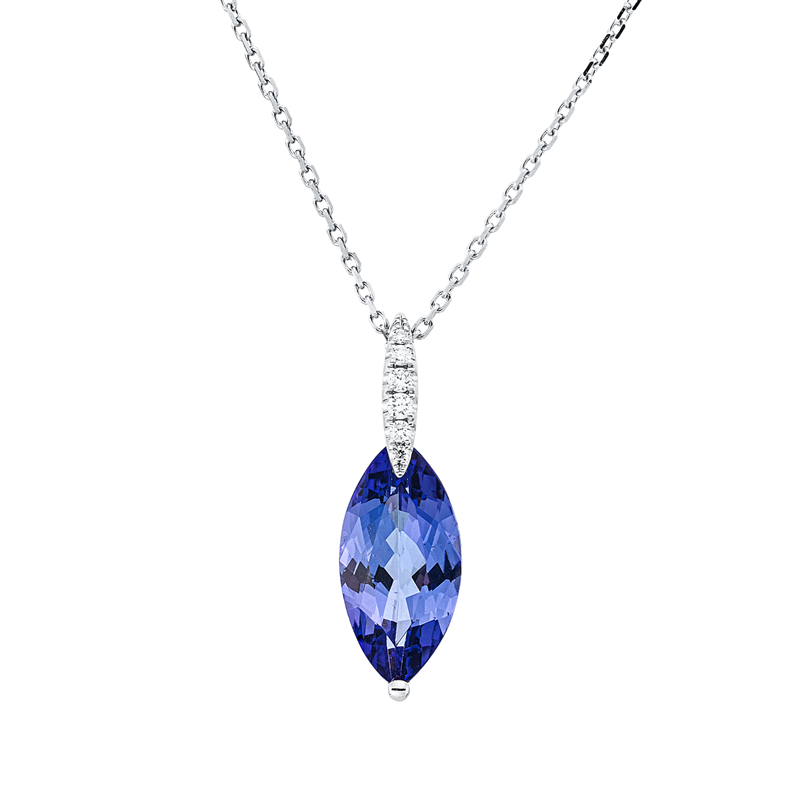Collier 18 kt WG, mit ZÖ 40 cm + 43 cm, 6 Brill. 0,05 ct, TW-si, 1 Tansanit 2,61 ct blau
