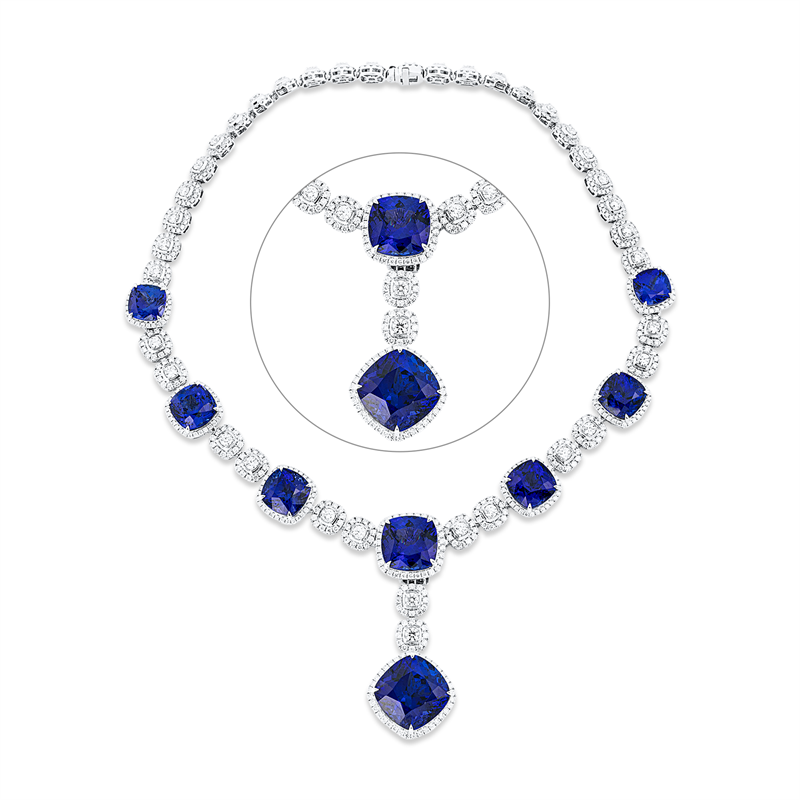 Collier 18 kt WG, 780 Brill. 20,03 ct, TW-si, 1 Tansanit 38,65 ct blau, 7 Tansanit 84,58 ct blau