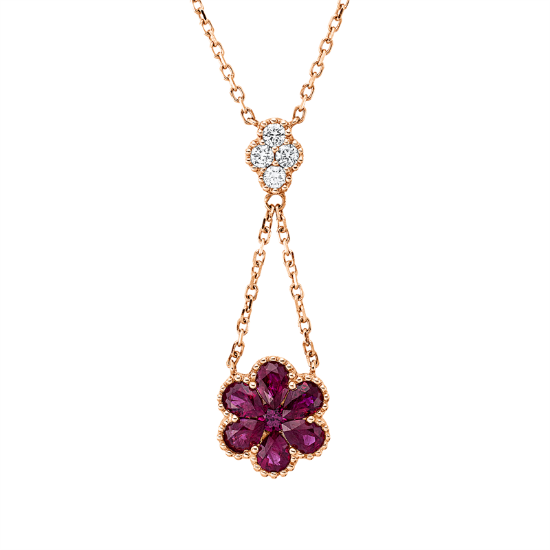 Collier 18 kt RG, 4 Brill. 0,15 ct, TW-si, 1 Rubin 0,08 ct rot, 6 Rubine 1,05 ct rot