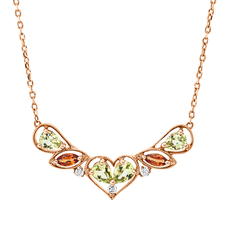 Collier 18 kt RG, 3 Brill. 0,04 ct, TW-si, 4 Peridot 0,68 ct grün, 2 Saphire 0,23 ct orange