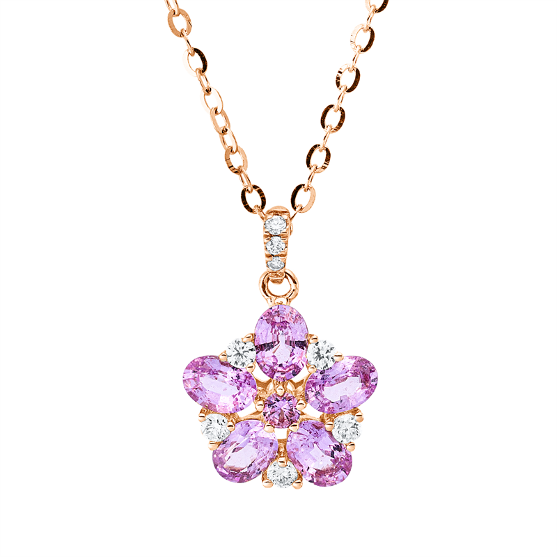 Collier 14 kt GG, 8 Brill. 0,11 ct, TW-si, 1 Saphir 0,03 ct pink, 5 Saphire 1,00 ct pink