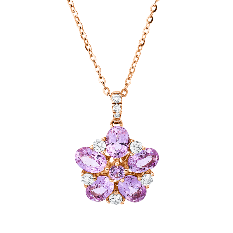 Collier 18 kt RG, 8 Brill. 0,10 ct, TW-si, 1 Saphir 0,04 ct pink, 5 Saphire 1,04 ct pink