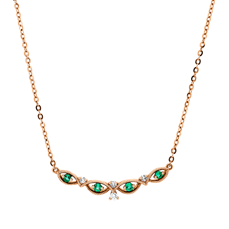 Collier 18 kt RG, 4 Brill. 0,05 ct, W-si, 4 Smaragde 0,06 ct grün