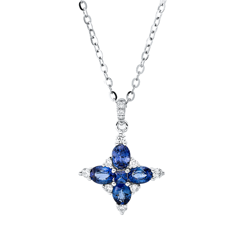 Collier 14 kt WG, 11 Brill. 0,12 ct, TW-si, 1 Saphir 0,12 ct blau, 4 Saphire 0,85 ct blau