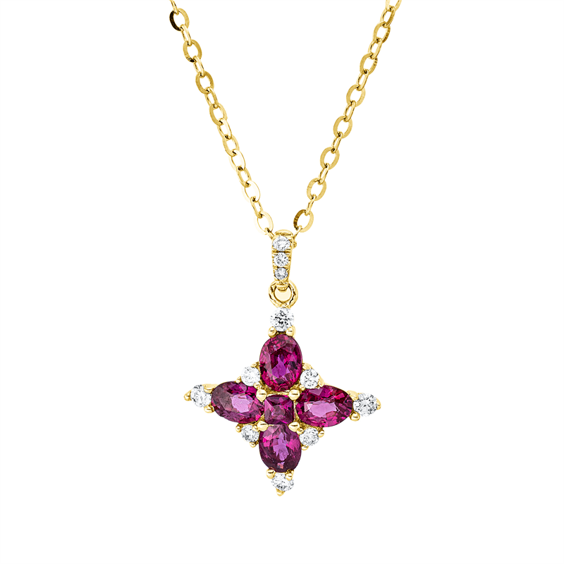 Collier 14 kt GG, 11 Brill. 0,12 ct, TW-si, 1 Rubin 0,06 ct rot, 4 Rubine 0,94 ct rot