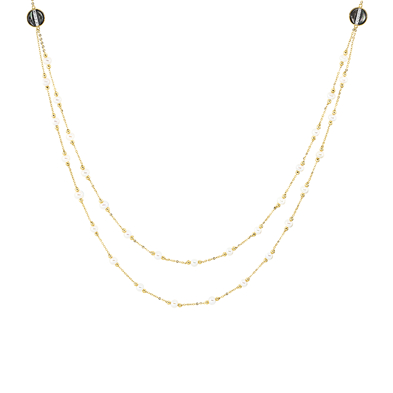 Collier 18 kt GG, Fassung rhod, 10 Brill. 0,13 ct, TW-si, 2 Perlmutt schwarz, 31 SW weiß 4 mm