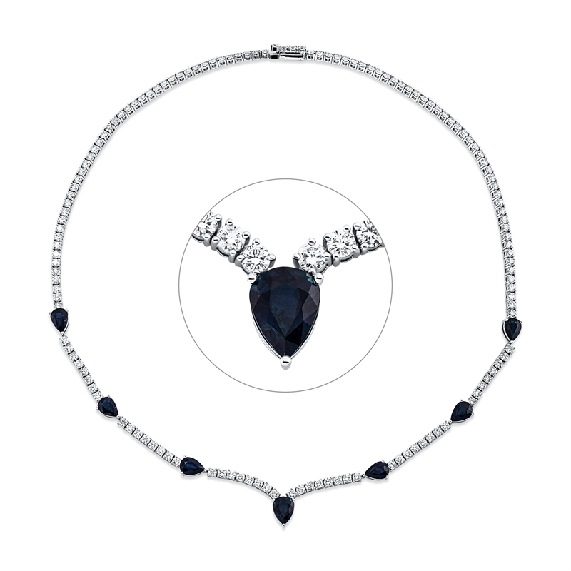 Collier 18 kt WG, 138 Brill. 7,17 ct, TW-si, 1 Saphir 1,33 ct blau, 6 Saphire 5,11 ct blau