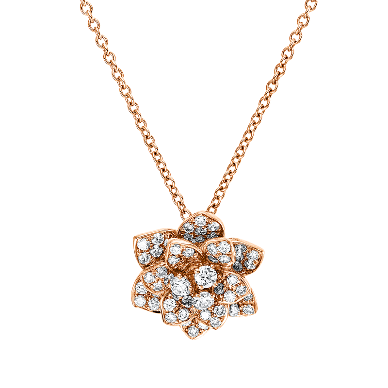 Collier 18 kt RG, mit ZÖ 38,5 cm, 3 Brill. 0,12 ct, TW-vsi/si, 65 Brill. 0,50 ct, TW-vsi/si